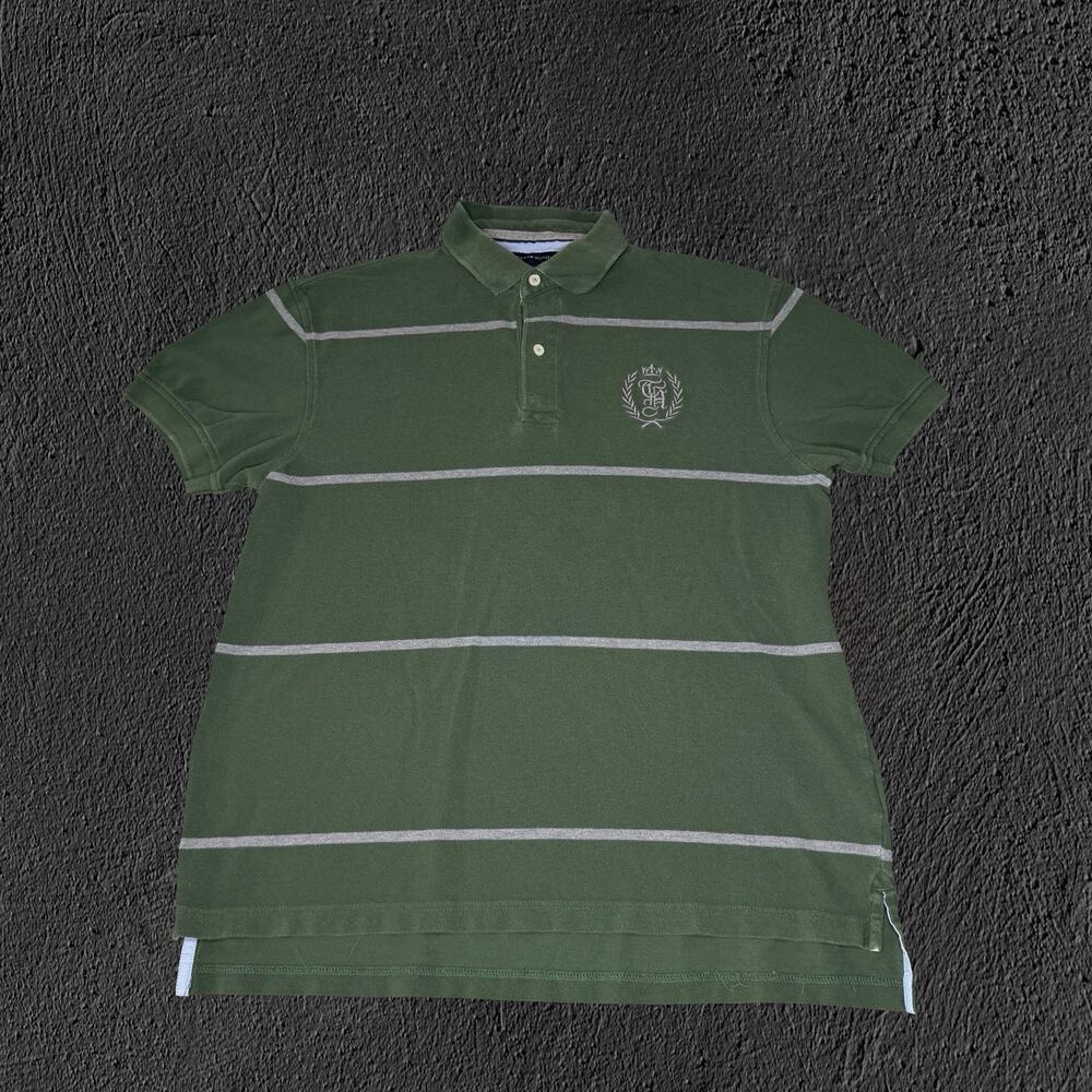 2009 Tommy Hilfiger Olive Green Crest Logo Striped Polo